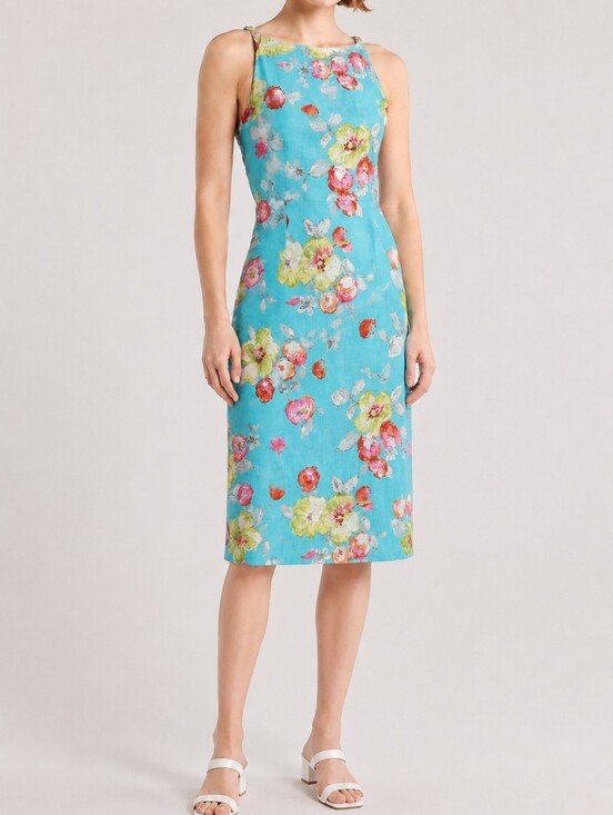 Jigsaw Dresses & Skirts - Vintage Jigsaw Aqua Floral  Sheath Dress 14 UK Size 10 US 100% Linen Summer